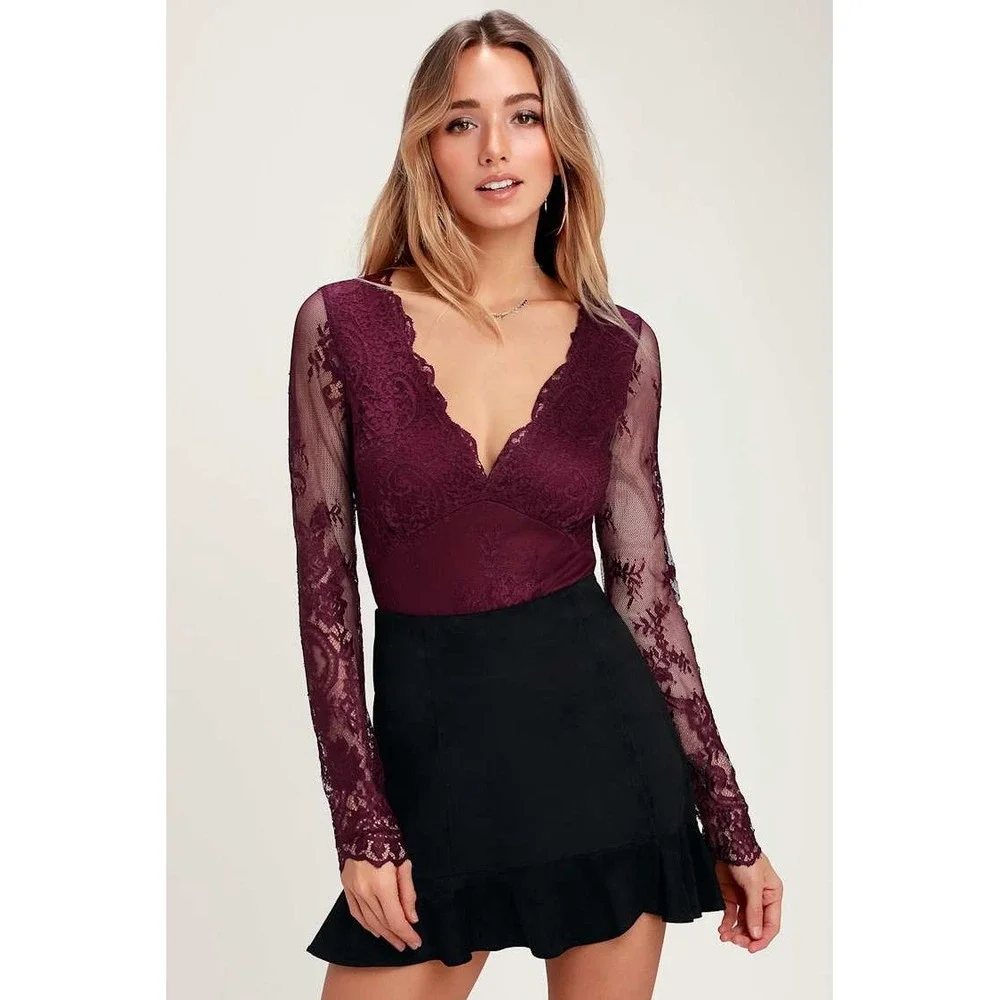 Lulu's All About That Lace Burgundy Long Sleeve Bodysuit Sexy Deep V Neck size S